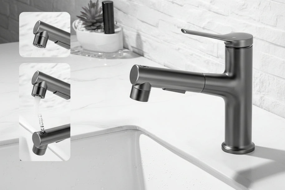Robinet de salle de bain VidaXL Santafe en gris, mitigeur moderne pour lavabo et baignoire.